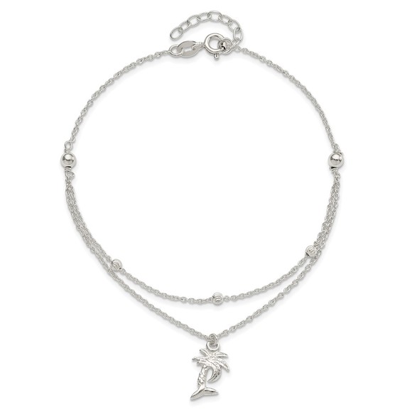925 Sterling Silver Polished 2-Strand Palm Tree Charm 9" + 1" Ext Anklet - Picture 4 of 7